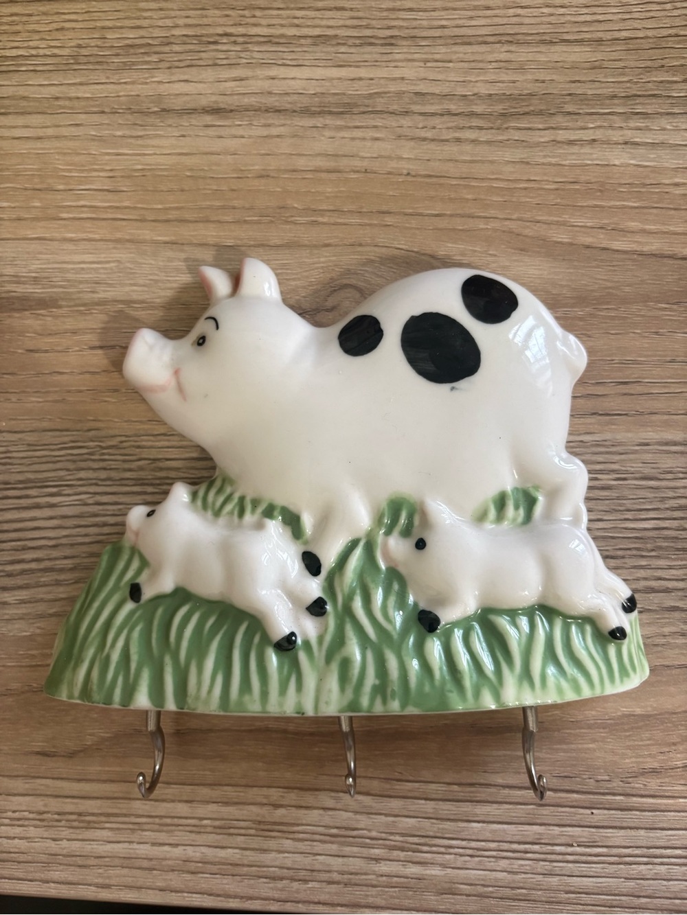 Vintage White and Black Ceramic Pig Wall Key Hooks Cottagecore